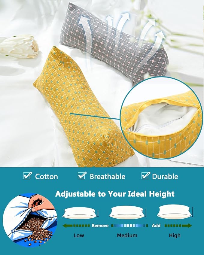 Cervical Buckwheat Roll Pillow for Sleeping,15.7"x5.9" Buckwheat Hulls Pillows Filling, Triangle Pillow for Neck Support Yoga Bolster, Adjustable Fill for Neck Pain Relief,Yellow