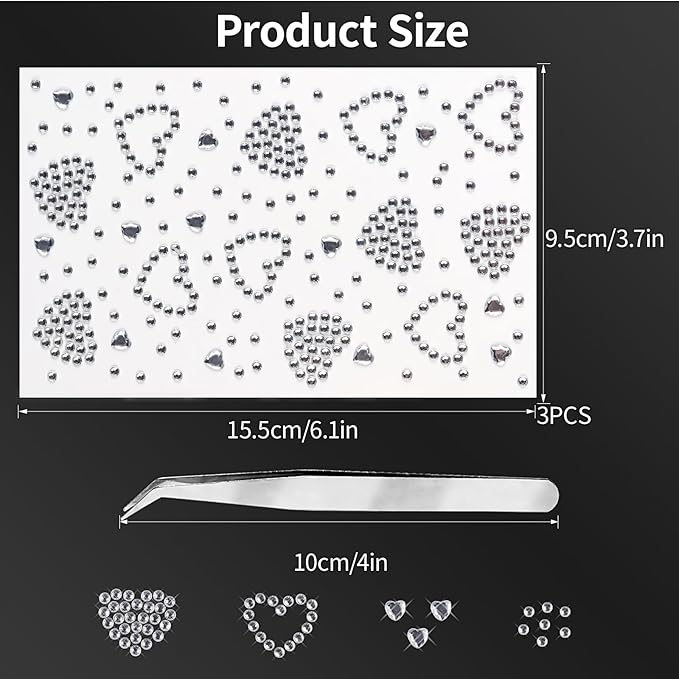 3Sheets Heart Gem Stickers Jewels for Crafts, Face Makeup - Self Adhesive Rhinestone Jewel Stickers, Stick on Gems Rhinestones for Crafts, Craft Supplies for Kids (01.White Heart)