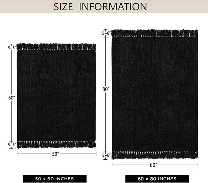 Chenille Throw Blanket for Couch 50" x 60", Black | Soft Cozy Luxury Throws with Fringe Tassel, Living Room Bed Sofa Chair Cover, Lightweight Knitted Boho Blankets Home Decor