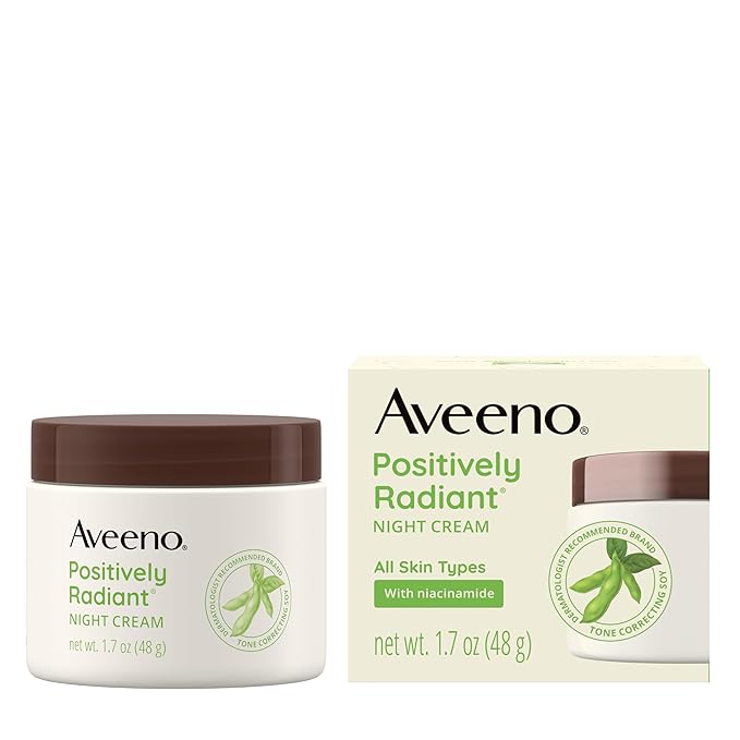 Aveeno Positively Radiant Face & Neck Night Cream with Tone Correcting Soy & Niacinamide, Night Cream Targets Dull Skin & Evens Skin Tone & Texture, Hypoallergenic, 1.7 oz