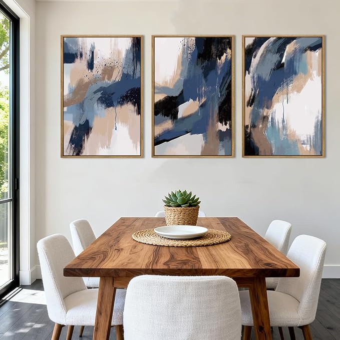 Extra Large Blue Neutral Wall Art Decor Modern Abstract Wall Painting Framed Artwork for Living Room Bedroom Office 24x36 Inch Set of 3