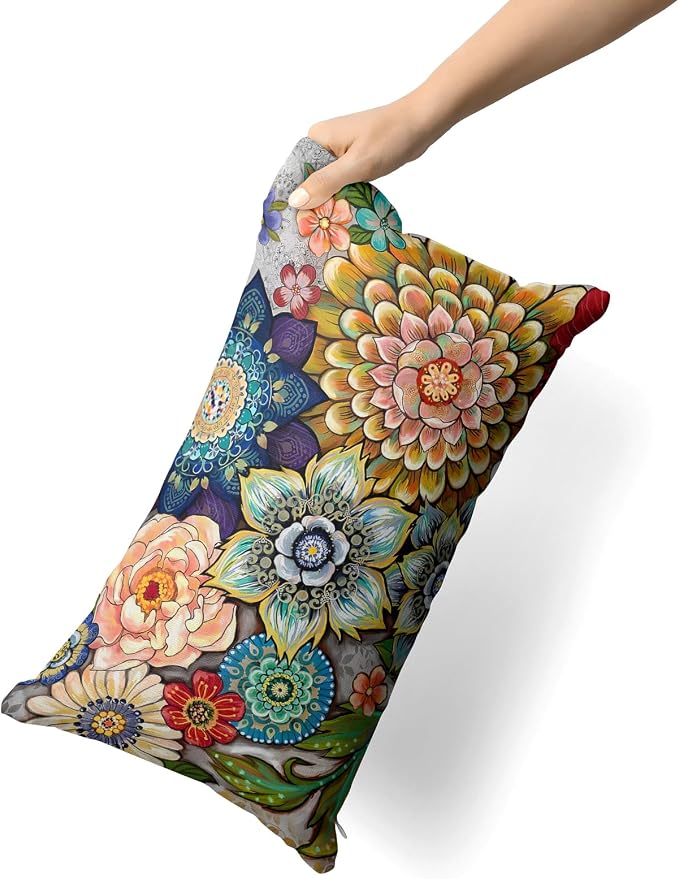 Snycler Boho Floral Throw Pillow Covers Set of 2 Colorful Boho Flower Decorative Cushions Pillowcase for Bedroom Sofa Home Decor, 12x20 Inch, Velvet, Short Plush