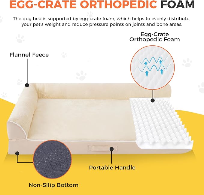 XL Orthopedic Dog Bed for Large Sized Dogs, 42"x30"x7.5", Beige | Waterproof, Washable Cover, L-Shaped Pet Couch, Egg-Crate Foam for Pressure Relief, Portable Handle