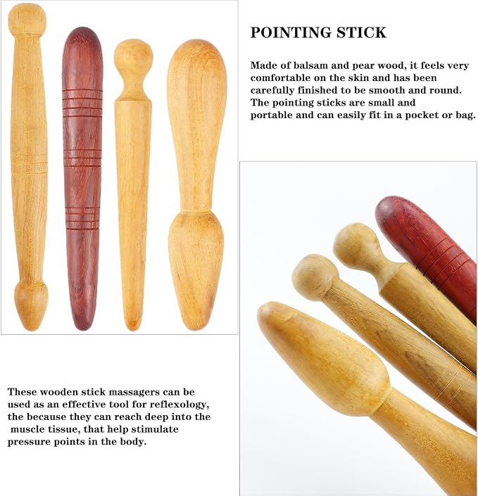 4PCS Massage Wooden Stick Small Muscle Scraper Manual Back Neck Foot Massager Smooth Wood Rod Acupuncture Point Massager Therapy Tool