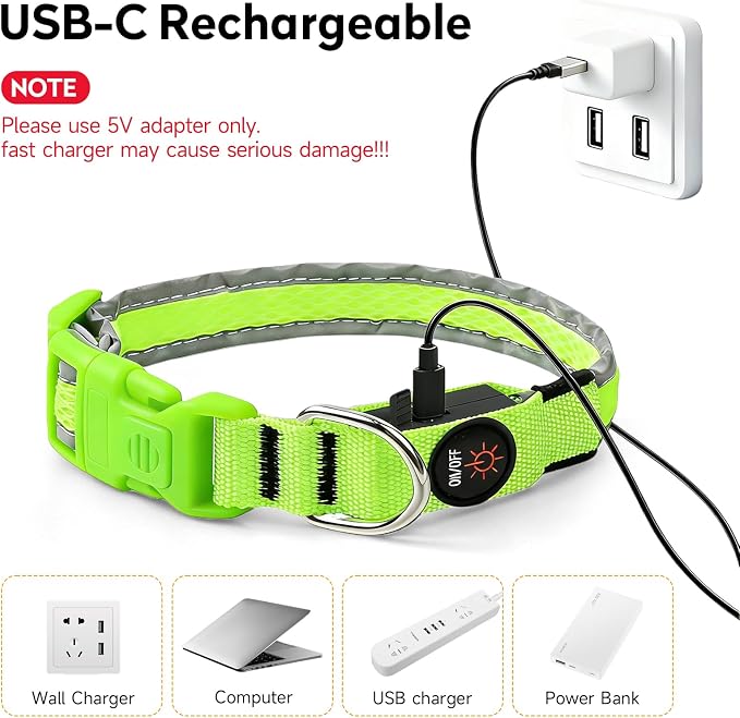 LED Dog Collar, Light Up Dog Collar,for Night Walking(Large,Green) | Adjustable,Bright RGB 7 Colors Light Glowing Collar,Waterproof,Nylon,Soft,For Medium and Large Dogs,USB C to Charge