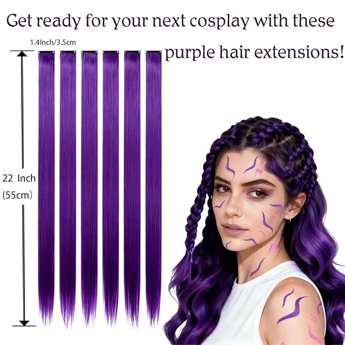 Mysense Cosplay Makeup Set with 6 PCS Purple Hair Extensions, 22-Inch Clip-ins, Purple and Hot Pink Eyeliner, Temporary Tattoo Markers, Rave Accessories for Music Festivals, Stage&Costume Parties