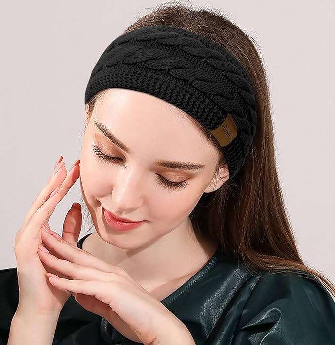 Loritta 2 Pack Headbands for Women Winter Warm Cable Knit Ear Warmer Thick Head Wrap Fuzzy Fleece Lined Gifts