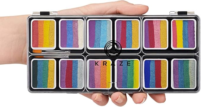 Kraze FX Splash Glam 12 Color Metallic Split Cake Palette (6 gm) with 2 Brushes - Water Activated, Hypoallergenic, Safe, Non-Toxic Face Painting Kit for Sensitive Skin, Kids & Adults
