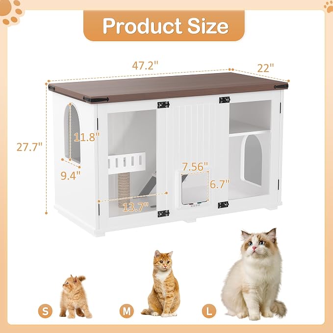 47.2 Inch Large Cat Litter Box Enclosure with Smart Door, White | Soft LED Light, 4-Mode Smart Door, Stairs, Scratching Post, Raised Platforms and Room for 1-2 Litter Boxes for Indoor Cats