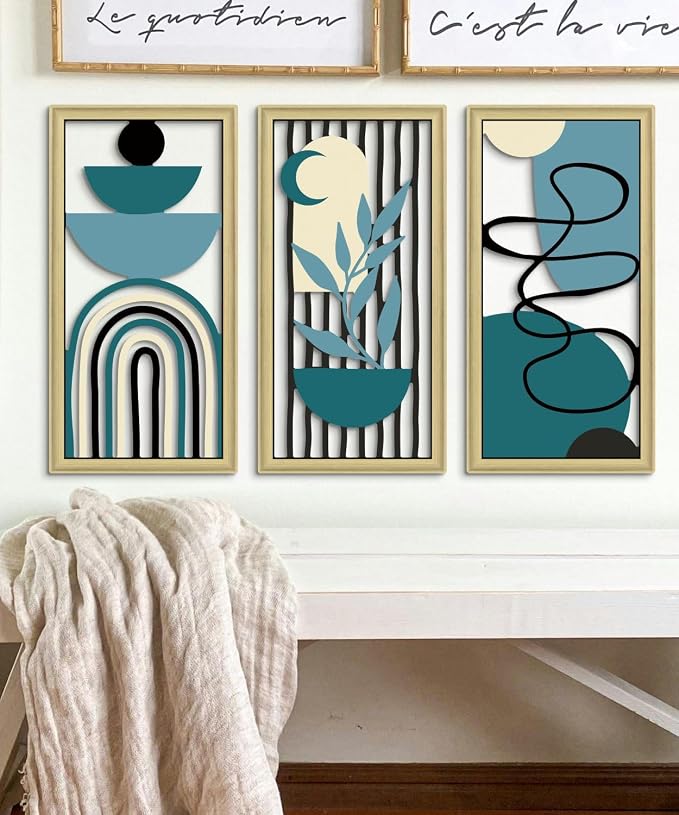 Putuo Decor Boho Wall Art Set of 3 Modern Minimalist Wooden Wall Decor Abstract Geometric Room Decorations Mid Century Artwork for Living Room Bedroom Office in Blue Tones 16.5 x 8.6 Inch
