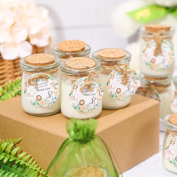 Threlaco 20 Pcs Jungle Animals Baby Shower Favors Party Candle Lavender Scented Glass Mason Jar Wax Candle Bulk for Guests Girl Boy Gender Reveal Party Gifts(Green)