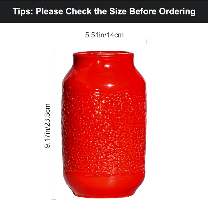 Red Ceramic Vase for Home Decor - 9 Inch Boho Modern Flower Vase for Pampas Grass, Pottery Decorative Vases for Centerpiece, Living Room, Mantle, Bookshelf, Table Decor