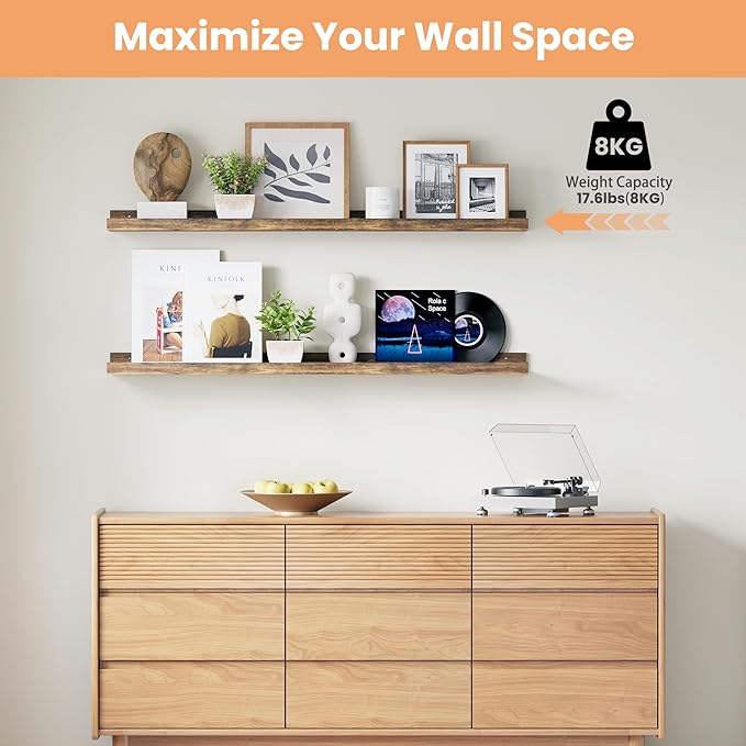 upsimples Floating Shelves for Wall Decor and Storage, Brown, 6Pcs 47.3'' | Wall Mounted Wood Shelves for Living Room, Bedroom, Kitchen, Office, Hallways Display and Organize Photos