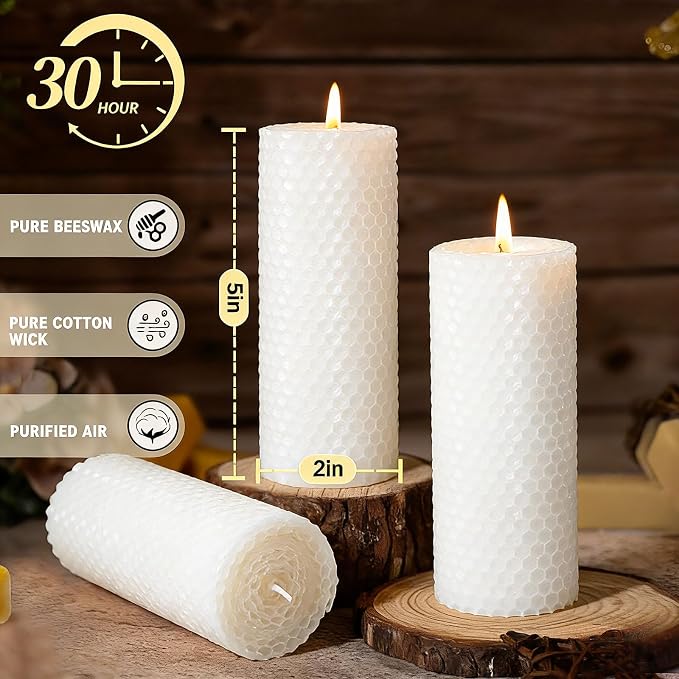8 Pack Beeswax Pillar Candles, White Natural Beeswax Candles 160 Hours Long Burning for Emergency,Unscented Organic Bees Wax Candle for Home,Prayer,Dripless Smokeless 2x5in