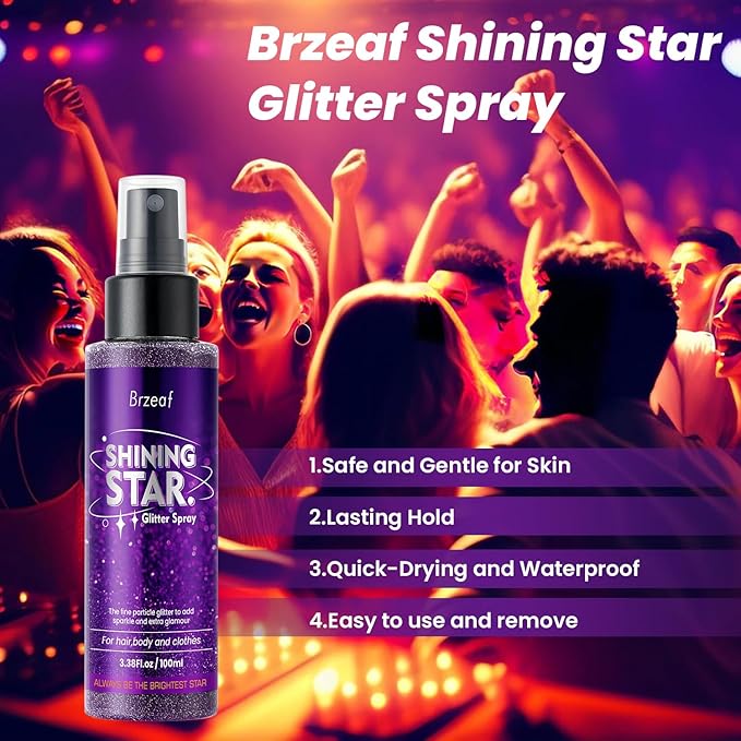 Brzeaf Waterproof Glitter Spray, Christmas Glitter Spray for Hair and Body, Long-Lasting & Quick-Drying, Shiny Glitter Hairspray, Waterproof Body Glitter, for Stage Makeup and Festival Rave