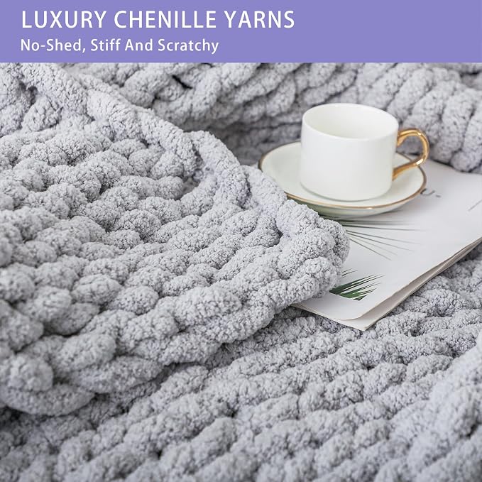 Bigacogo Chunky Knit Throw Blanket for Couch, 40x40 inches, Light Grey | Hand Knit with Jumbo Chenille, Soft Breathable Cable Knit for Sofa Bed Living Room, Machine Washable, Gift for Mom Friend