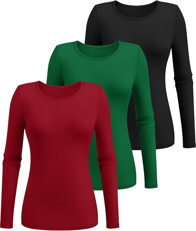 Ficerd 3 Pack Women's Ribbed Long Sleeve Tops, Crew Neck Slim Fit Undershirts Knit Basic Casual Stretch Layering Tee Shirts