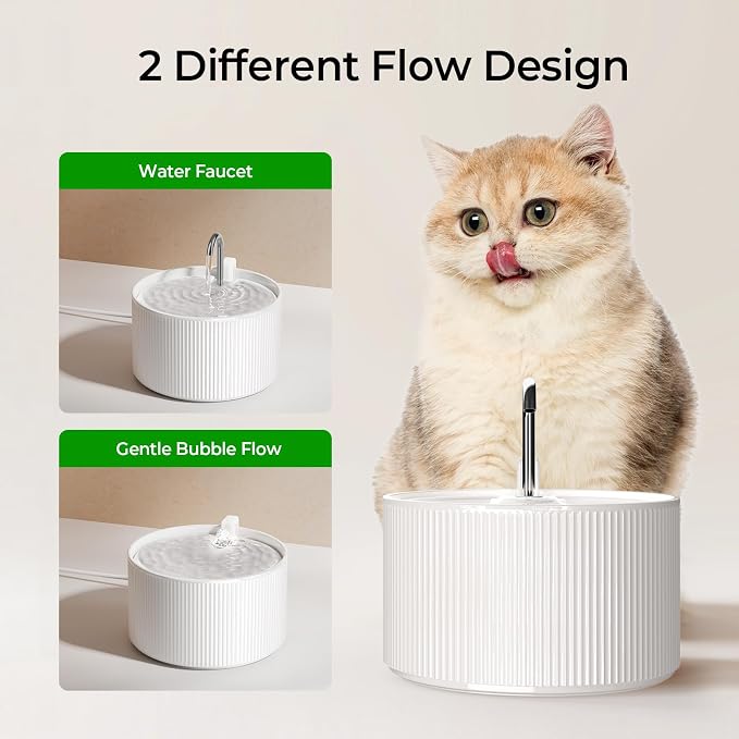 Voluas 2.2L Ceramic Cat Water Fountain with 1 Filter Automatic Pet Fountain | 74oz capacity, ceramic bowl, 4-layer filtration, ultra-quiet pump, faucet and bubbling modes, easy to clean, dishwasher-safe