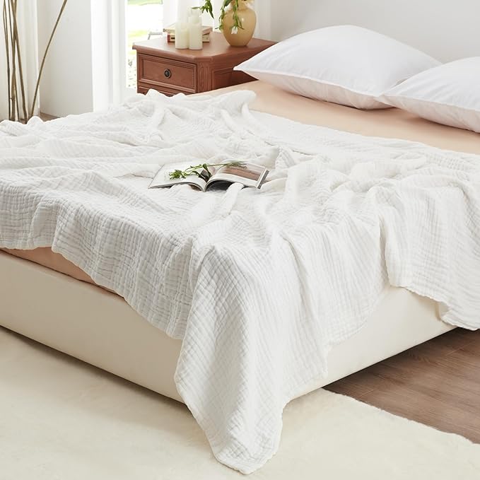 Love's cabin 100% Cotton Muslin Blanket, 6 Layer Lightweight Breathable Gauze King Size Blanket 108 x 90 Inches, Soft Summer Blanket for Bed, White