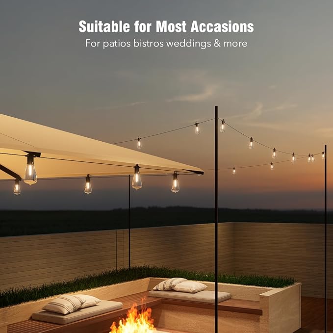 LED Outdoor String Lights 100FT, Waterproof Patio Lights with 52 (50+2 Spare ST38 Shatterproof Replaceable Bulbs), Connectable Dimmable Outside Hanging Light for Porch Garden Deck Bistro Backyard