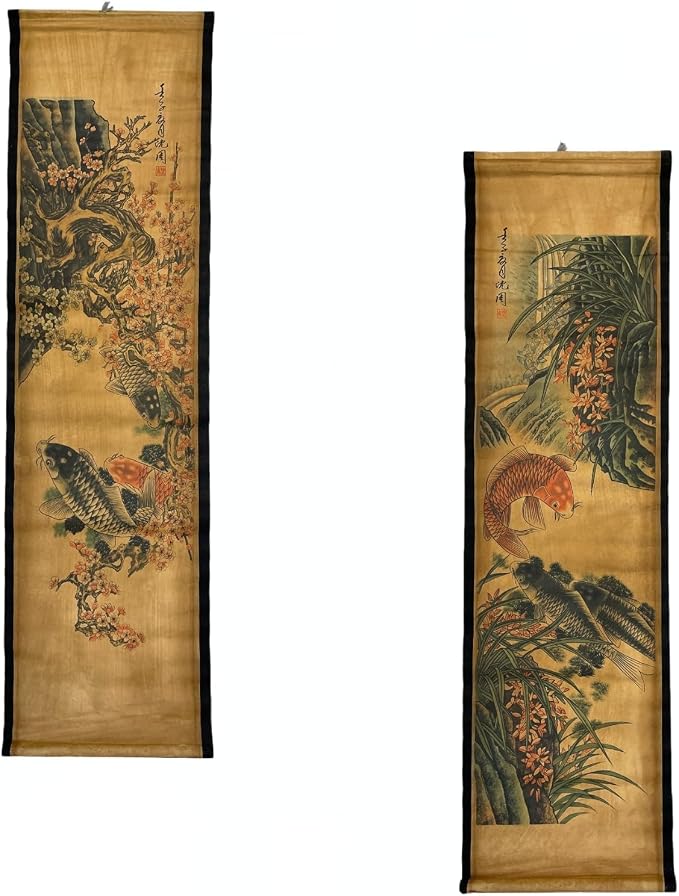 CIFIBIFUN Wall Scroll Hanging Painting Decor Japanese Art Koi Fish Fengshui | 4Panels,Ancient Japan Paintings Replica ,Asia Traditional Art, Attract Wealth, Four Season Flower
