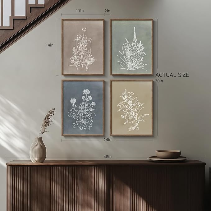 Framed Boho Botanical Wall Art for Bedroom, 4 Piece Vintage Neutral Floral Canvas Painting Prints, Minimalist Rustic Flower Pictures for Farmhouse Living Room Kitchen Dining Room Wall Decor, 11x14 In