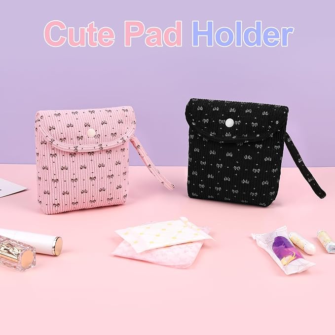 Bow Corduroy Sanitary Pad Pouch Soft Discreet Pad Bags for Period for Women Cute Nursing Pad Holder Menstrual Cup Tampon Pouch First Period Gift Feminine Bag (Black)