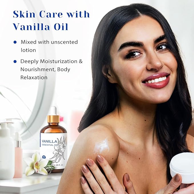HIQILI Vanilla Essential Oil, Strong Fragrance Add in Skin Perfume, Unscented Lotion, Candle Soap Making Scent, Relax at Home with Diffuse Warm Sweet Aroma -100ML | Strong Fragrance for Diffuser, Body, Skin, Perfume, Lotion, Candle Soap Making Scent, W...