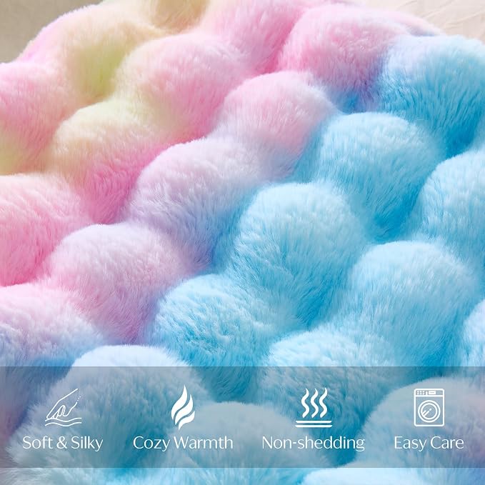 DOWNCOOL Faux Fur Throw Blanket for Couch, Ultra Soft Fluffy Fuzzy Plush Bubble Blanket for Sofa Bedroom Living Room, Cozy Warm Luxury Fleece Minky Blanket, 50x60 Inches Rainbow