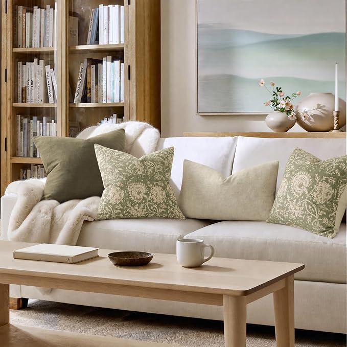 Vintage Floral Print Throw Pillow Covers 22x22 Set of 2 Neutral Modern Farmhouse Pillow Cases Accent Decorative Cushion Covers Boho Home Decor for Couch Sofa Chair Bed Living Room, Sage