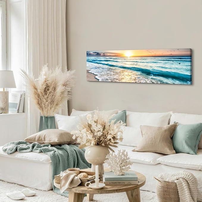 Sunrise Ocean Beach Canvas Wall Art Coastal Room Decor Nature Pictures for Wall Nautical Bathroom Living Room, Sea Waves Landscape Painting Tropical Seascape Poster Prints Artwork Decorations 14x48”
