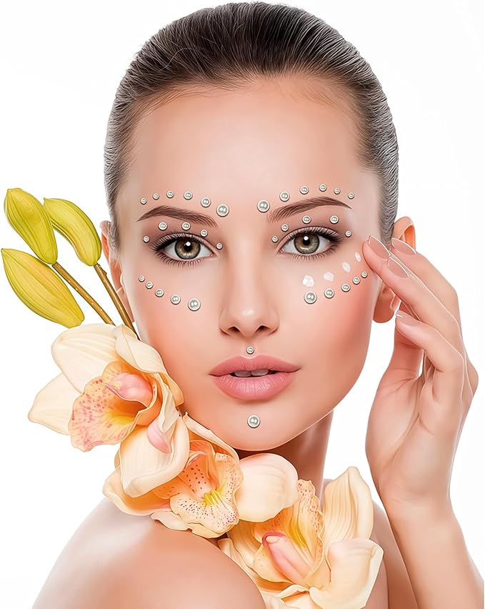 591pcs Face Gems Hair Gems Pearls, Self-Adhesive Face Jewels Eye Rhinestones 3/4/5/6/8 mm Face Gem Stick on, Halloween Makeup Gems Rave Accessories for Face Eyes Body Makeup (04.White Pearl)