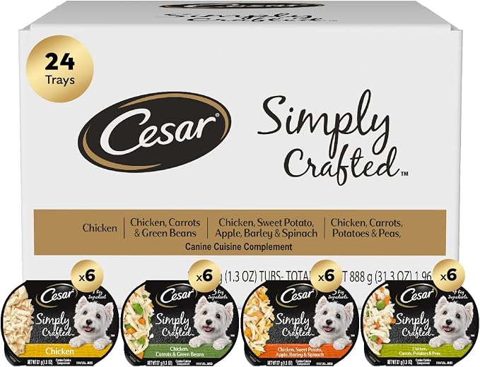 Cesar Simply Crafted Dog Food Toppers, Chicken Variety, 1.3 oz, 24 Count | Real chicken #1 ingredient, slow-cooked, no by-products or artificial flavors, mix with food or serve solo, single-serve tubs