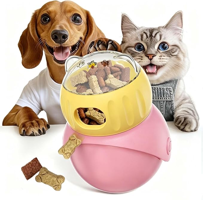 Cat Puzzle Feeder, Interactive Cat Dog Toys,Treat Dispenser(Yellow+Pink)