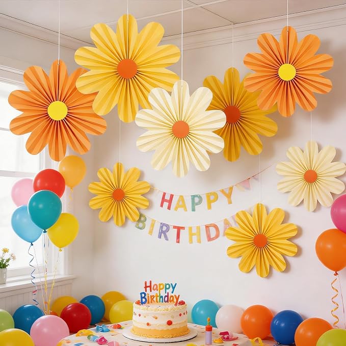 SUNBEAUTY Orange Paper Flowers Decorations for Wall Paper Fans Daisy Decoration for Women Birthday Spring Easter Wedding Garden Tea Party Baby Shower Decor Set of 9