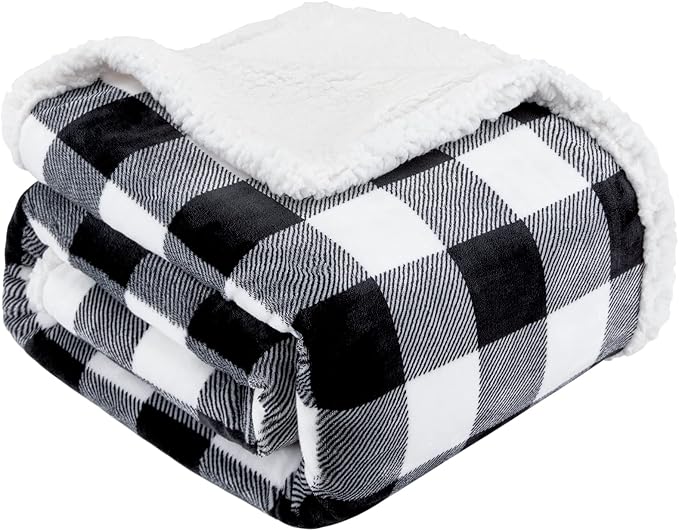 Sherpa Plaid Twin Blanket 60" X 70", Fuzzy Fluffy Soft Cozy Throw Blanket, Twin Size Plush Fleece Flannel Plush Microfiber Blanket for Couch Bed Sofa (Black)