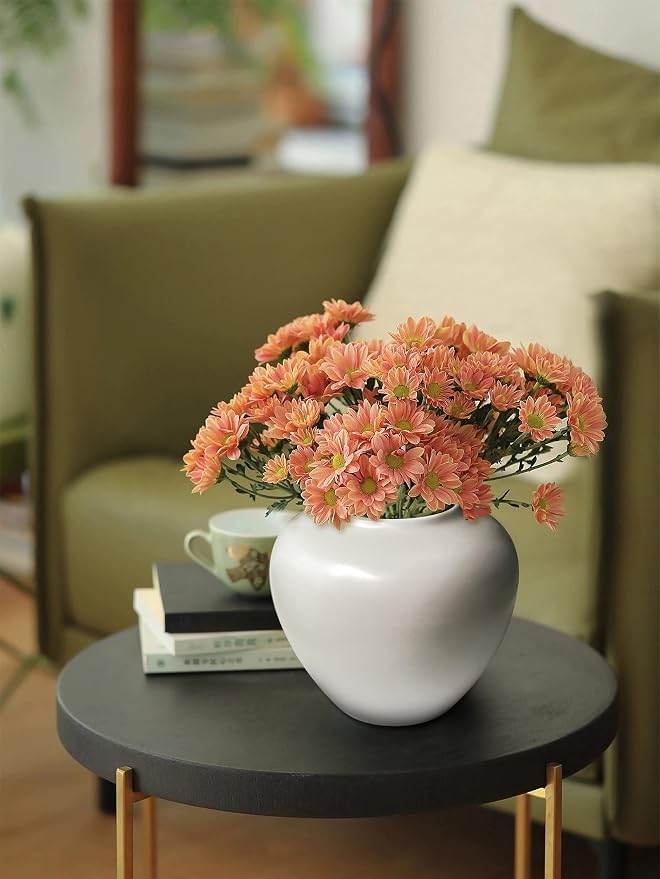 GeLive Short Round White Ceramic Vase Table Centerpiece Moon Jar Jingdezhen Handmade Pottery Vase Glossy Finish Planter Pot Waterproof for Fresh Dried Flower Home Decor Kitchen Utensil Holder