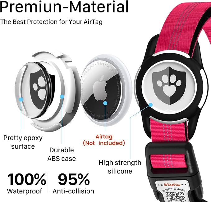Waterproof AirTag Dog Collar with QR Code Dog Tag, Rose Red XS | IP68 waterproof, QR code dog tag, Anti-Lost, Online profile, fits XS-L (8"-26"), Padded nylon, Reflective, No App, No Fees