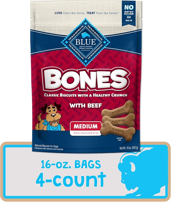 Blue Buffalo Bones Beef Medium Dog Biscuits, 16 oz, 4 ct | Real Beef First, Classic Bone-Shaped Biscuit, No BHA, Meat & Bone Meal, or Artificial Preservatives