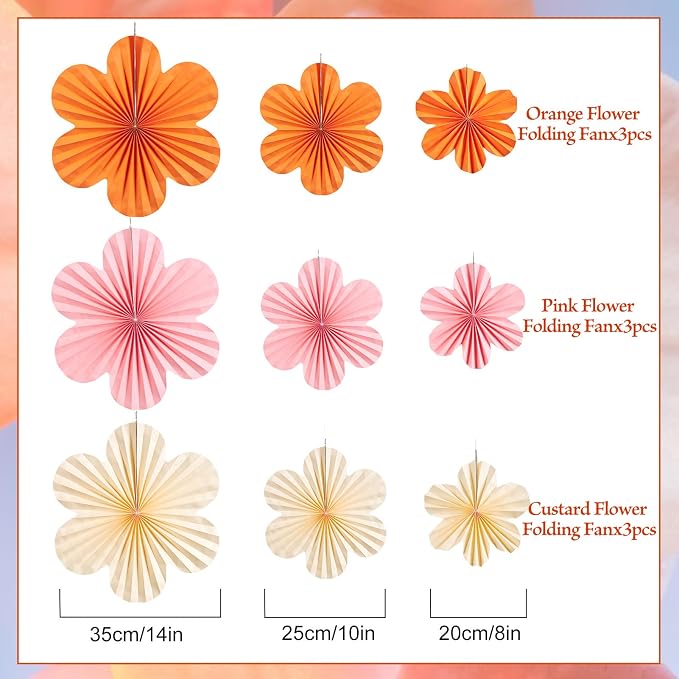 SUNBEAUTY Paper Flowers Decorations Pink and Orange for Wall Paper Fans Classroom Decoration Paper Floral Backdrop Decor Paper Fans Decor Hanging Paper Fans Orange Flower Wall Decor Set of 9