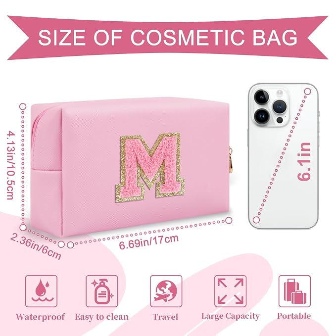 Personalized Initial A-Z Preppy Patch Makeup Bag,Small PU Leather Chenille Letter Cosmetic Bag with Zipper for Teen Girls,Pink Cute Travel Toiletry Bag,Birthday Monogrammed Gift for Daughter,Letter M