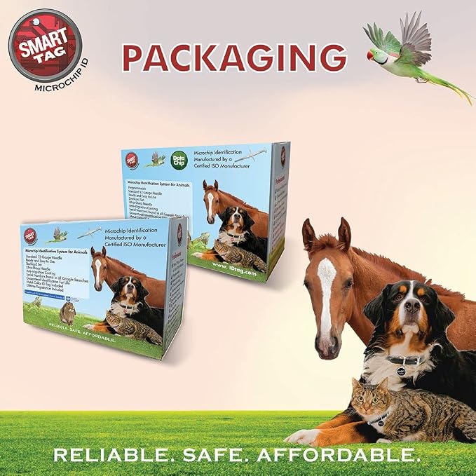 ISO Data Microchip with Lifetime Pet Recovery Service/24-7 US Call Center/Free Registration, Implanter & Metal ID Tag for Dogs, Cats, Horses & All Animals, 12 Gauge/25 Pack