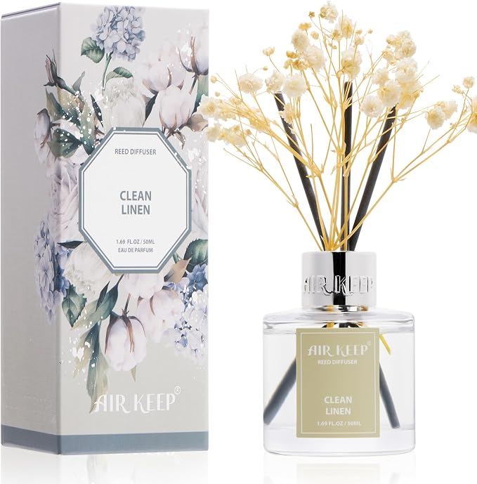 Airkeep Reed Diffuser Set,1.69 fl oz (50 ml) - Clean Linen Oil Diffusers with 8 Reed Sticks,Home Fragrance Reed Diffuser for Bathroom Shelf Decor
