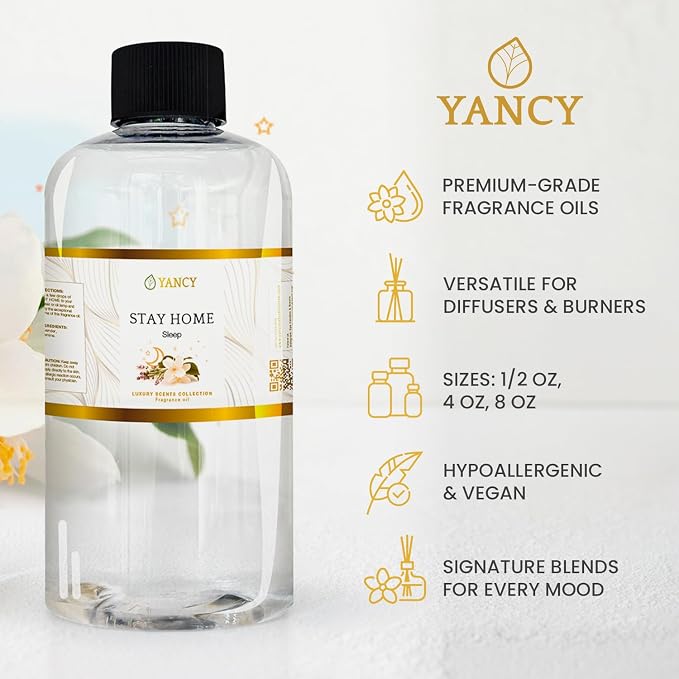 YANCY Stay Home Luxury Collection Fragrance Oil (4 oz), Cozy Vanilla and Amber Scent, Perfect for Diffusers, Oil Burners & Aroma Lamps, Comforting Home Scent for Relaxation & Unwinding