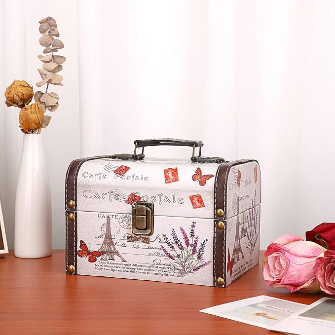 ELLDOO Decorative Treasure Chest Box, Wooden + PU Leather Storage Box for Jewelry Trinkets, Keepsakes box for Girls Women Gifts (Tower + Lavender Pattern)