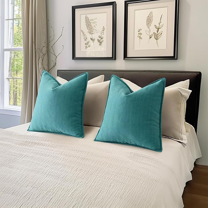 MIULEE Pack of 2 Teal Decorative Chenille Pillow Covers 18x18 Inch | Soft Couch Throw Pillows,Farmhouse Cushion Covers with Elegant Design for Sofa,Bedroom,Living Room,Spring Home Decor