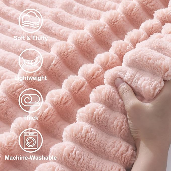 decorUhome Pink Fleece Throw Blanket 50x60 Inches | Soft Couch Cozy Fluffy Plush Flannel Striped Blanket for Sofa Bed, Lightweight Decorative Ribbed Fuzzy Blanket for Woman