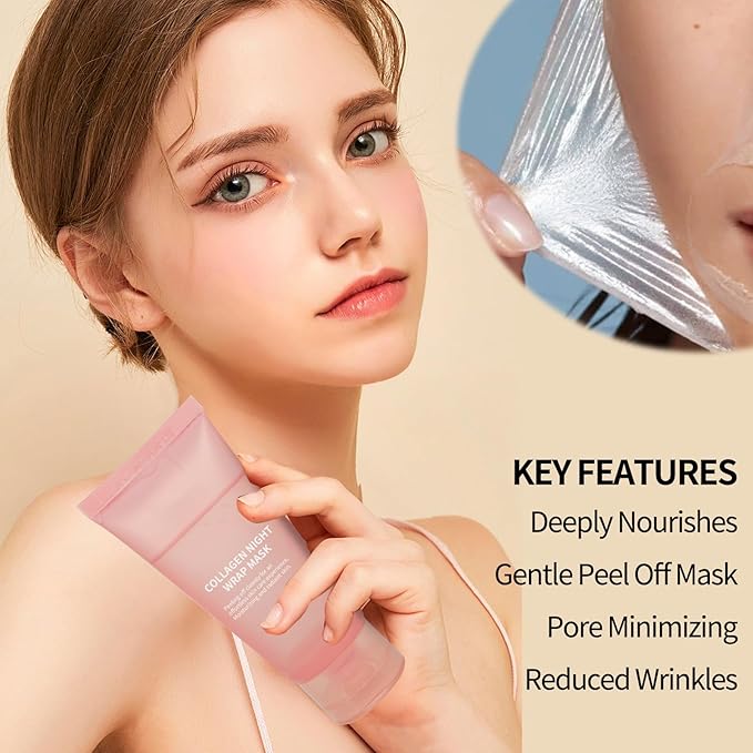 Collagen Overnight Wrapping Peel Off Facial Mask with Jelly Brush, Skin Hydration & Firming & Glowy, Improve Sagging & Dullness, Korean Skincare(75ml, 2.54 fl.oz)