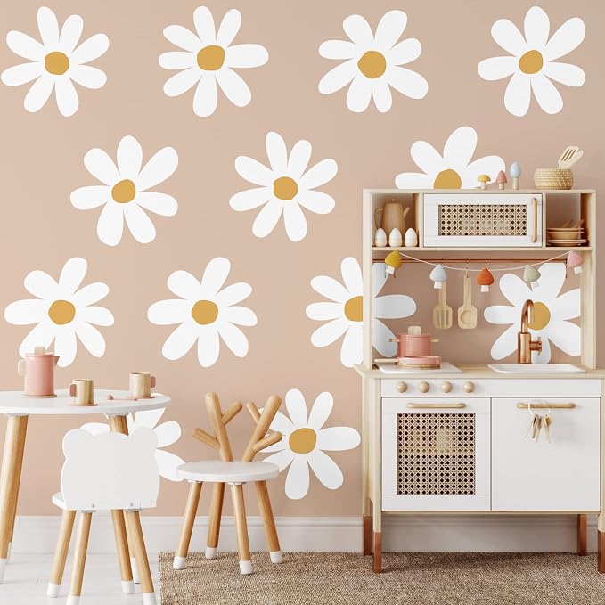 TaoBary 12 Sheet Daisy Wall Sticker Decal,White, Yellow,Vintage Style | Big Flower Wall Sticker, Pink White Floral Decal, Daisy Bedroom Room Decor, Removable Peel and Stick, Nursery Home Wall Decor