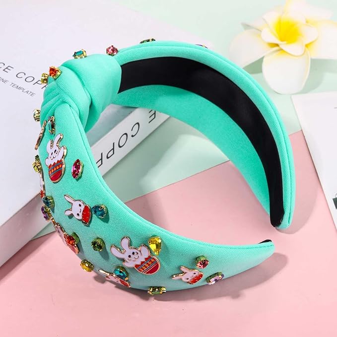 mokkia Easter Headbands Beaded Rabbit Bunny Headband for Women Pink Spring Knotted Headband Easter Hair Accessories Gifts